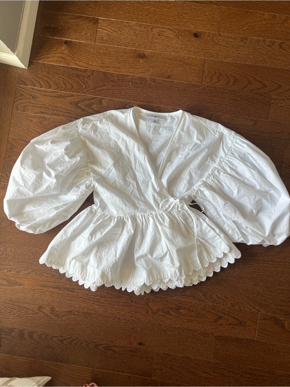 Kika Vargas White Wrap Peplum Blouse with Scalloped Hem